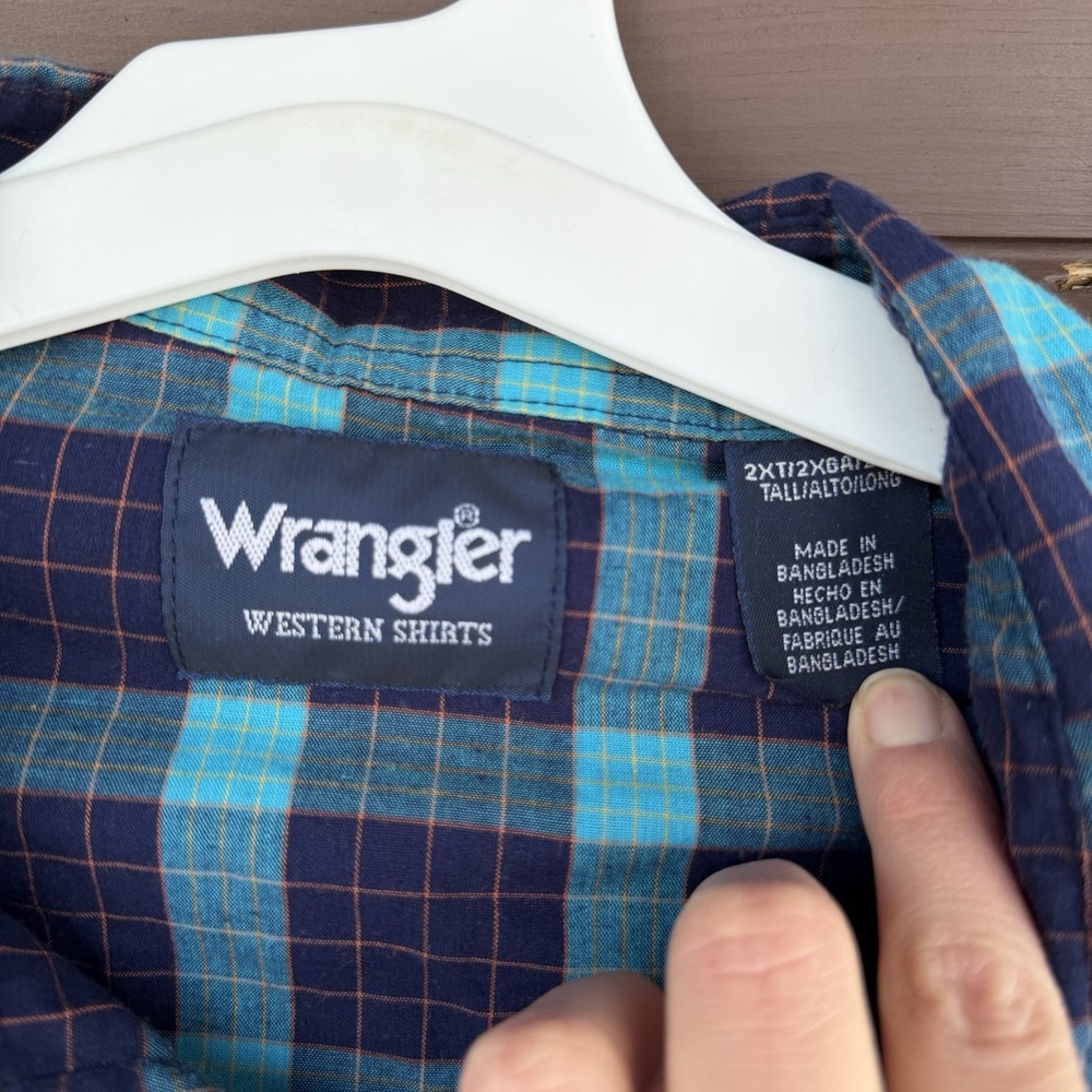 Vntg Wrangler Wrancher Mens Sz 2XL Blue Plaid Long Sleeve Pearl Snaps Western - Picture 7 of 7